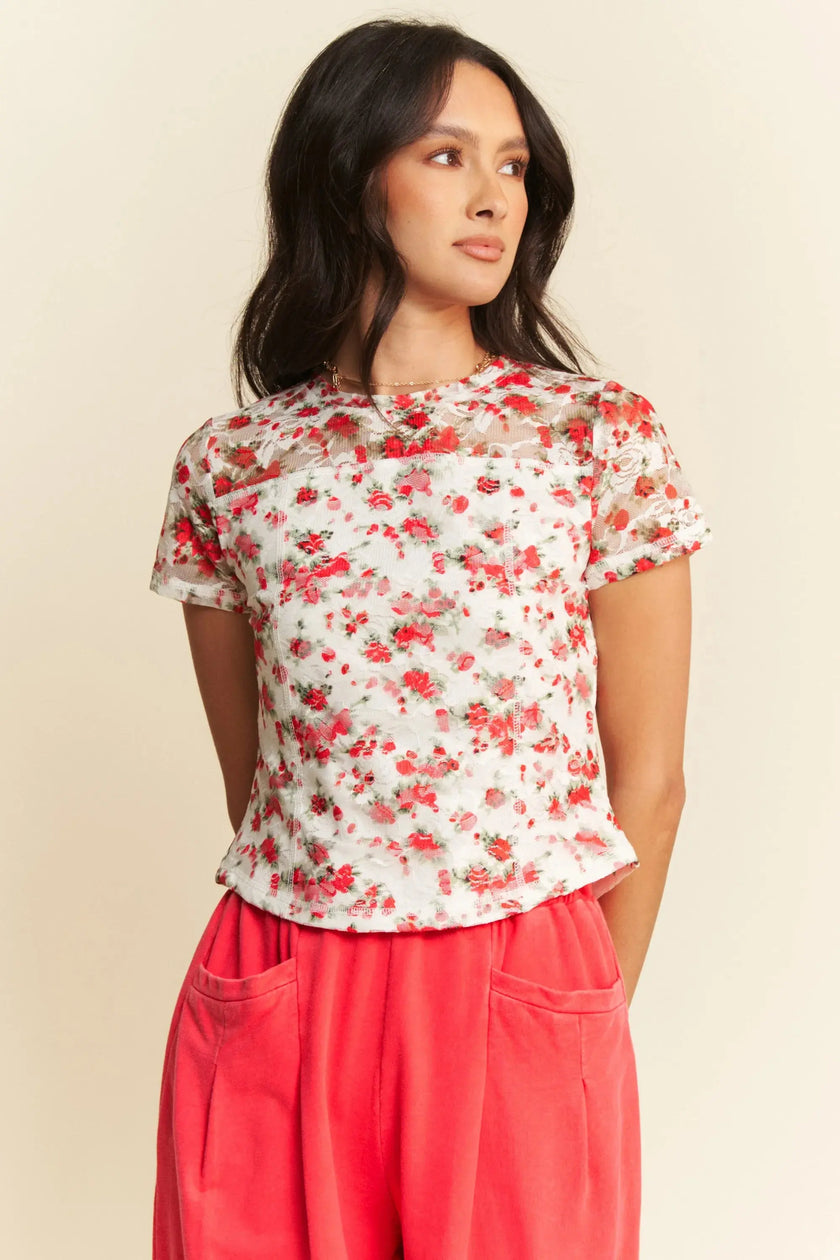 Davi & Dani Ribbon Short Sleeve Layered Mesh Shirt  Style Ratio