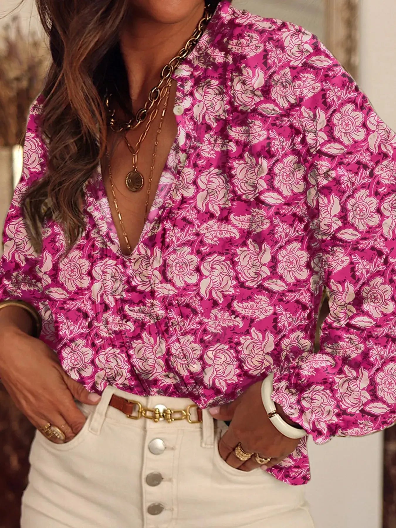 Floral Print Split Neck Pleated Long Sleeve Blouse  Style Ratio