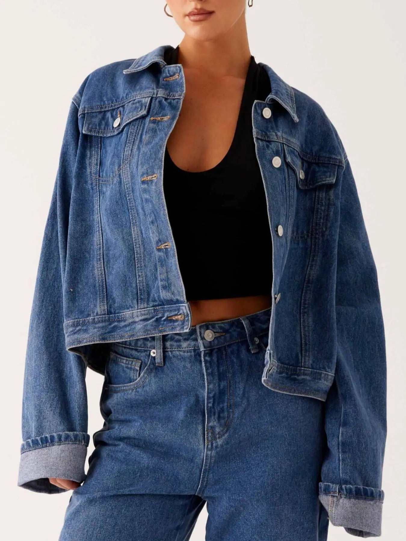 Button Down Cropped Oversized Denim Jacket  Style Ratio
