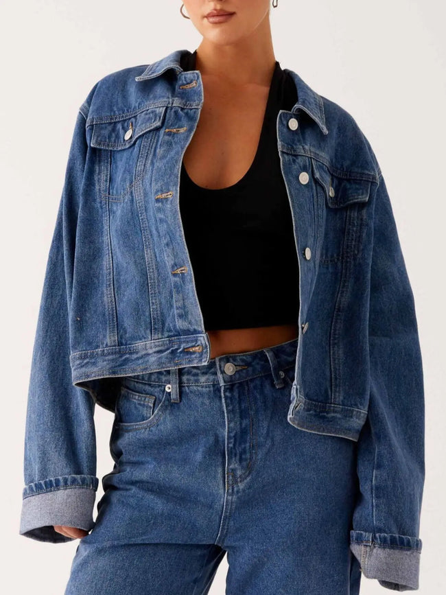 Button Down Cropped Oversized Denim Jacket  Style Ratio