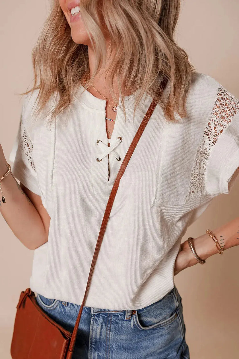 Ribbed Texture Lace Patchwork Short Sleeve Top  Style Ratio
