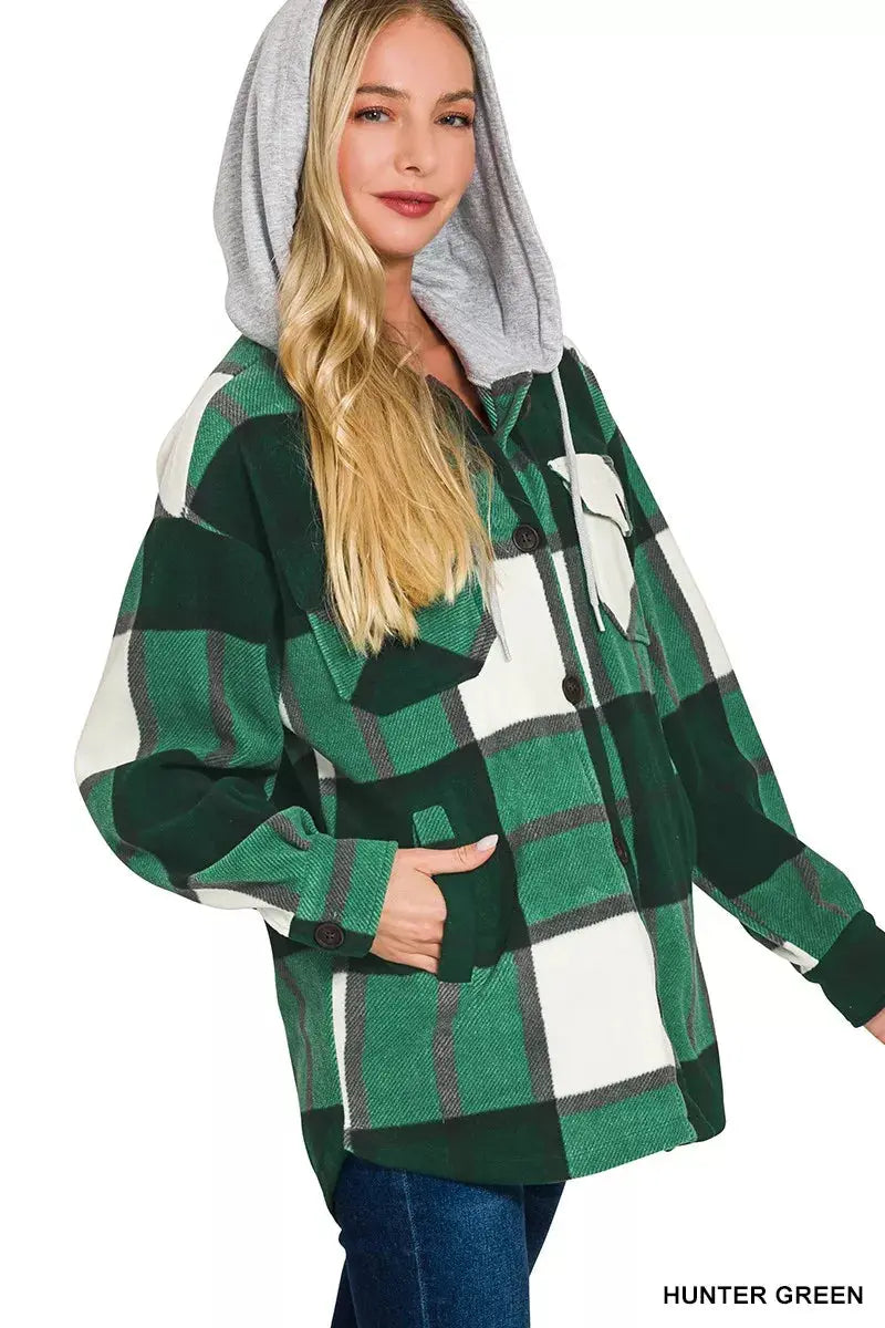 Zenana Plaid Drawstring Hooded Fleece Shacket  Style Ratio