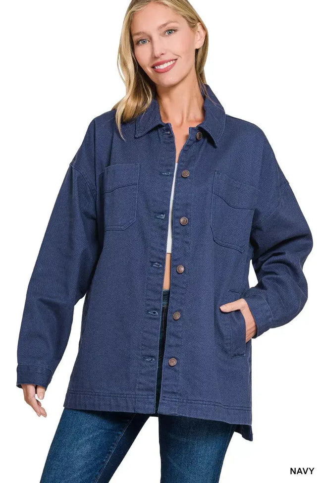Zenana Oversized Collared Neck Button Front Shackets  Style Ratio