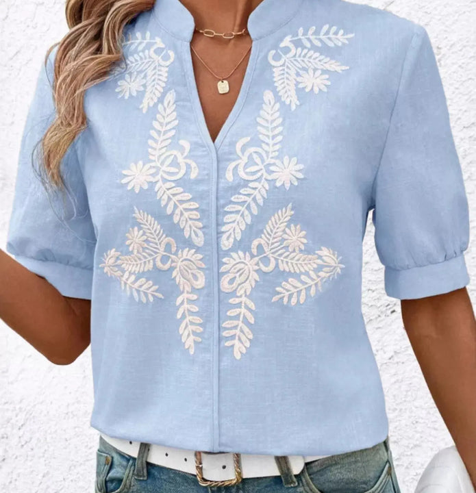 Embroidered Notched Short Sleeve Blouse  Style Ratio