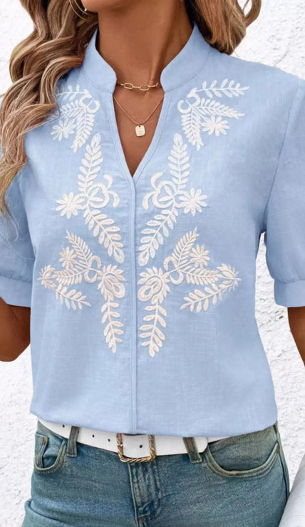 Embroidered Notched Short Sleeve Blouse  Style Ratio