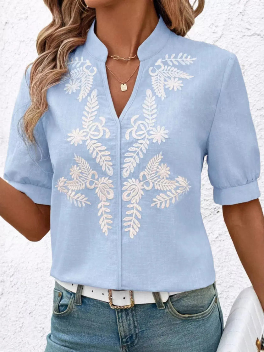 Embroidered Notched Short Sleeve Blouse  Style Ratio