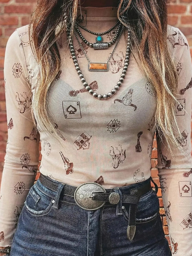 Western Print Slim Fit Mesh Long Sleeve Mock Neck Top  Style Ratio