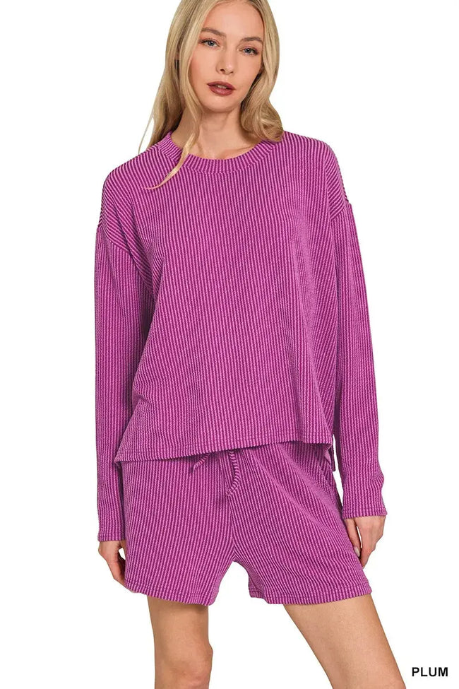 Zenana Corded Rib Long Sleeve Tee and Shorts Loungewear  Style Ratio