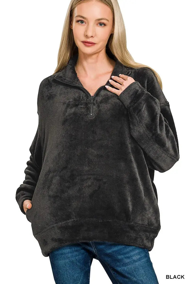Zenana Faux Fur Half Zip Pocket Pullover  Style Ratio