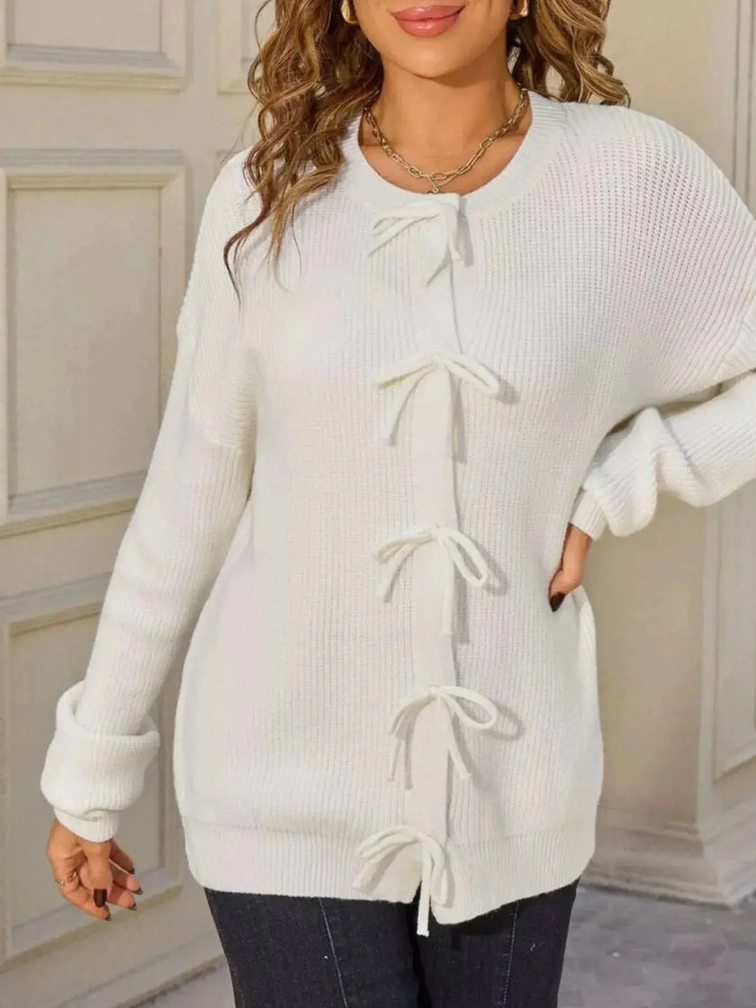 Ribbed Knit Bow Tie Cardigan  Style Ratio