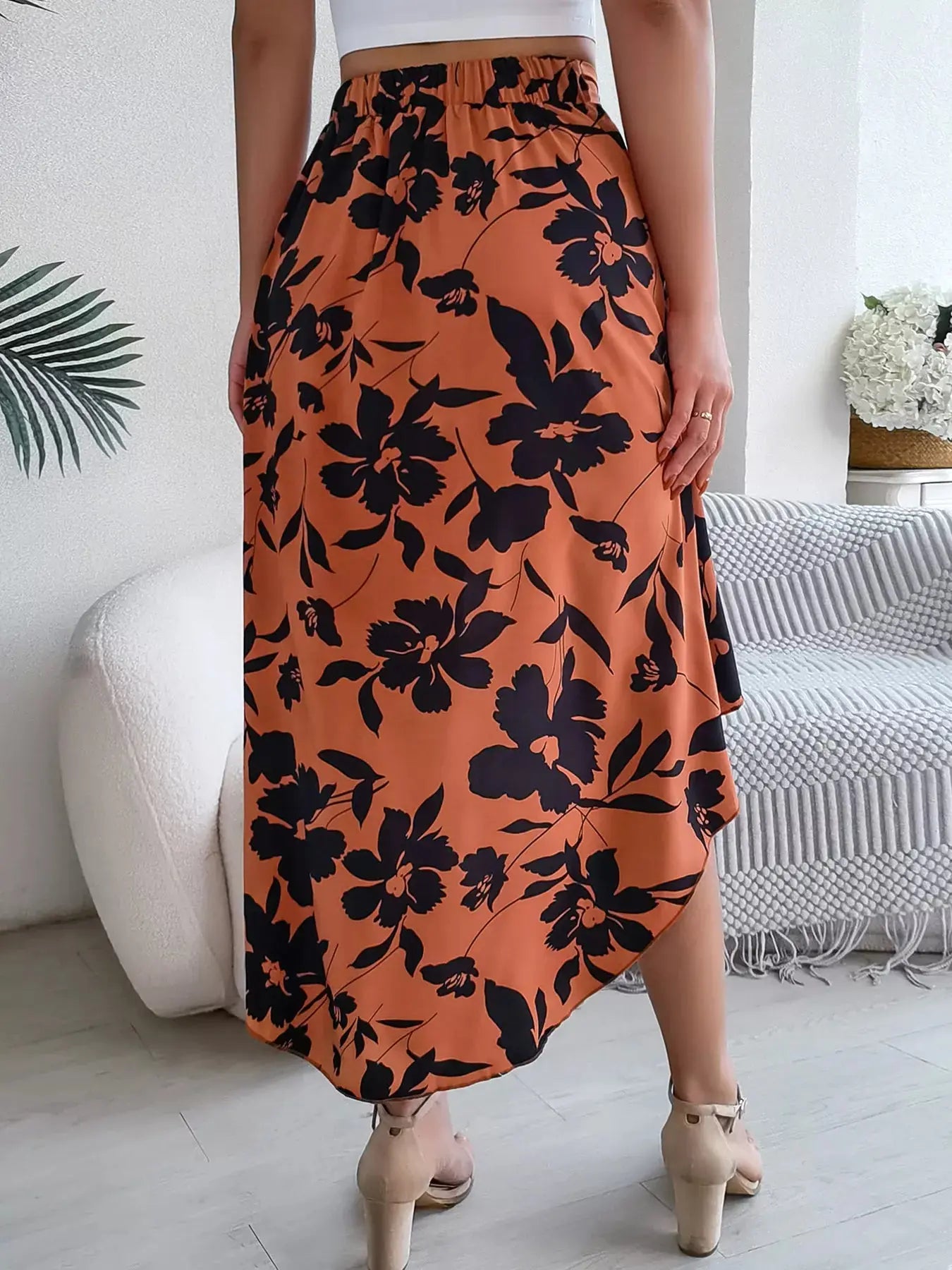 Floral Print Ruffle Hem Asymmetrical Skirt  Style Ratio
