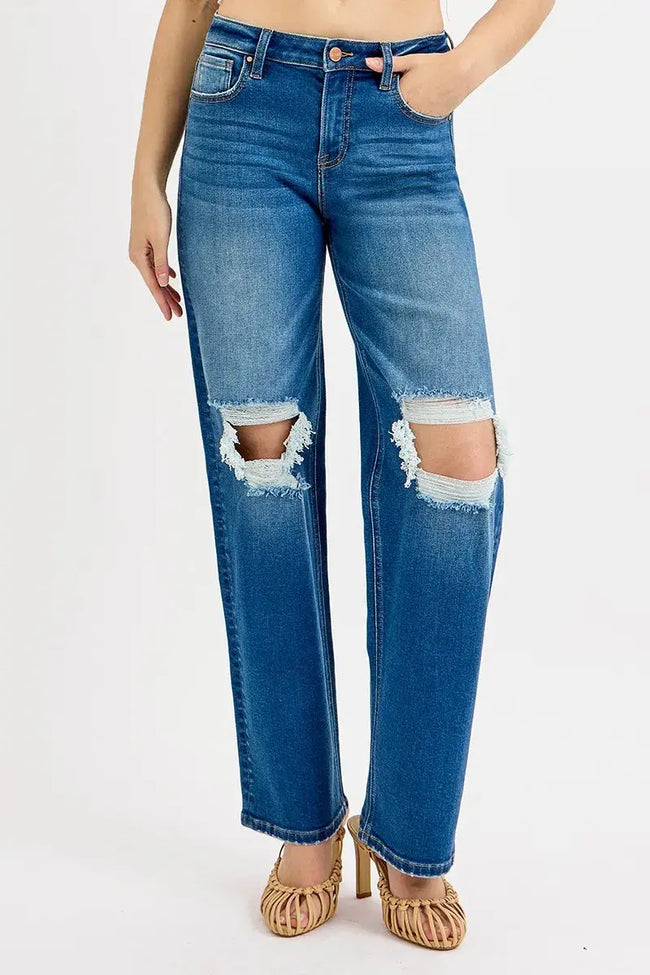 RISEN Full Size Mid Waist Fit Boyfriend Knee Distressed Jeans  Style Ratio