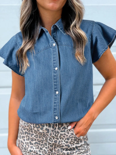 Ruffled Short Sleeve Denim Shirt  Style Ratio