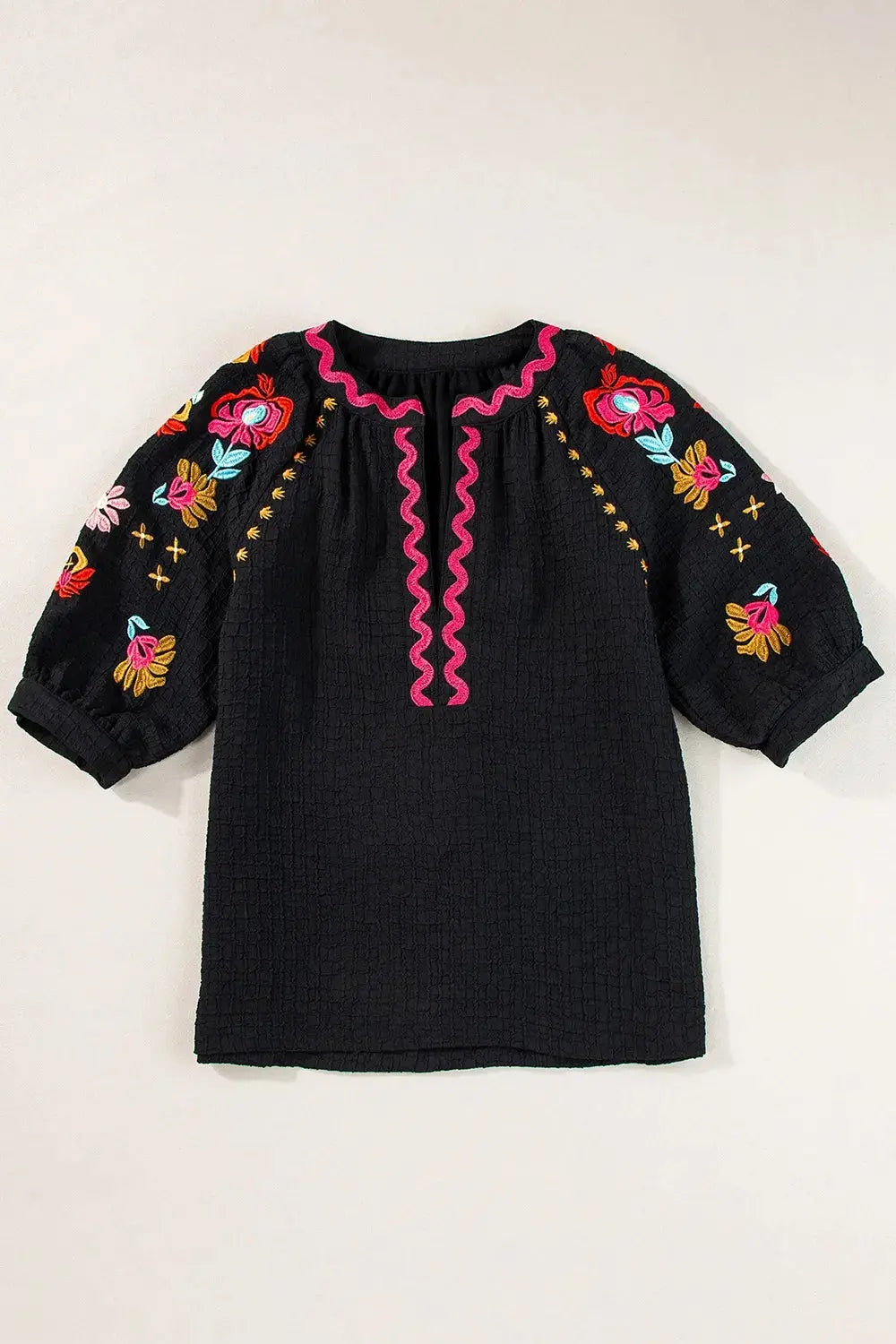 Floral Embroidered Notched Puff Sleeve Blouse  Style Ratio