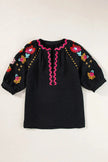 Floral Embroidered Notched Puff Sleeve Blouse  Style Ratio