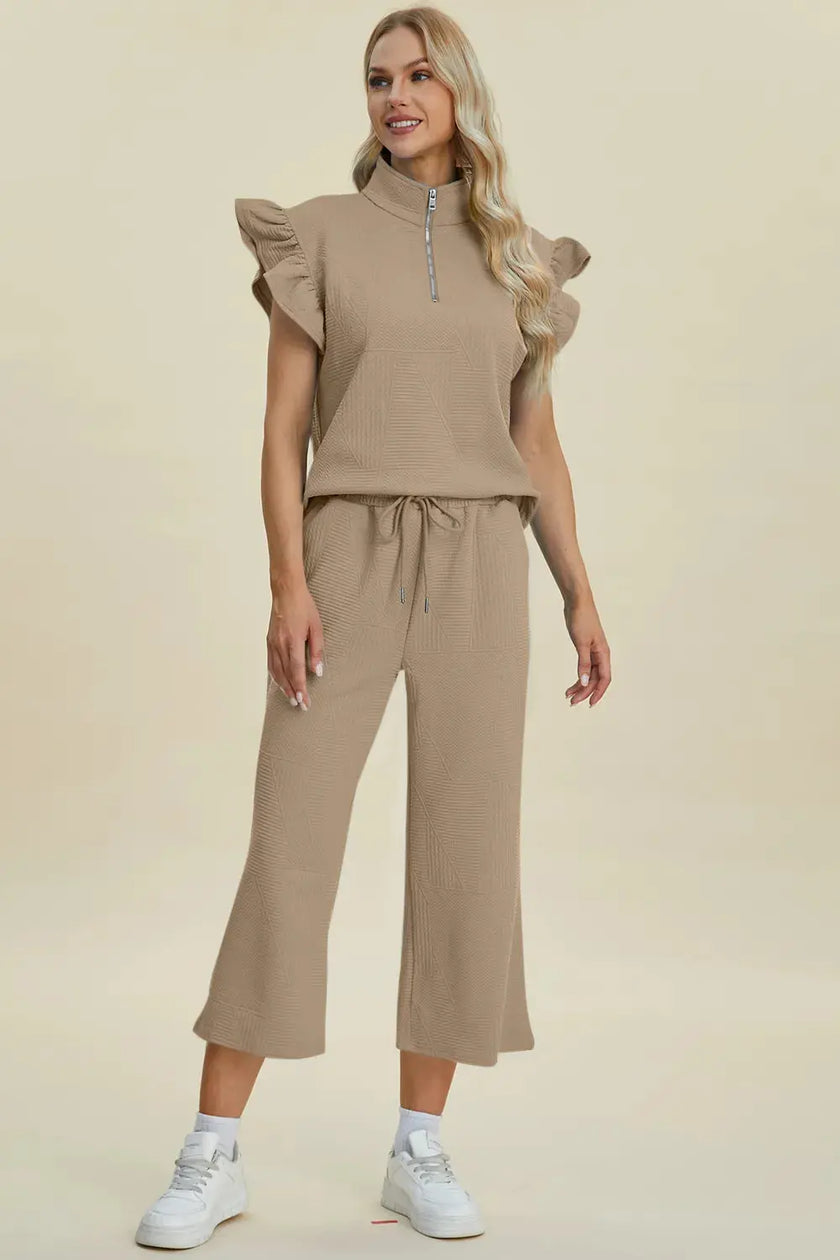 Double Take Full Size Texture Ruffle Short Sleeve Top and Wide Leg Pants Set  Style Ratio