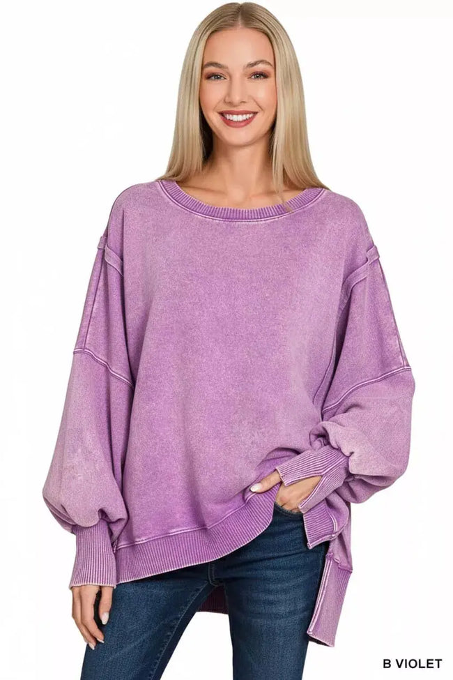 Zenana Acid Washed Batwing Sleeve Fleece Sweatshirt  Style Ratio