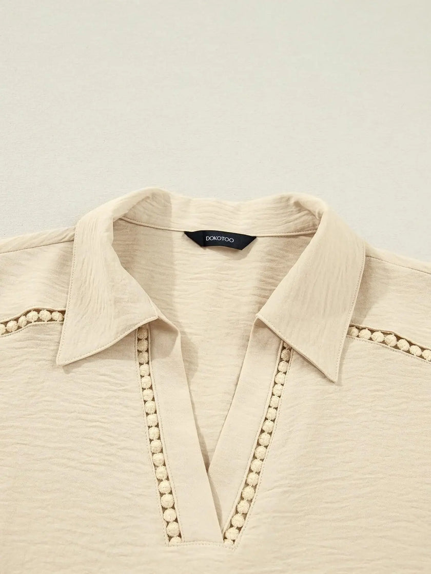 Johnny Collar Roll-Up Sleeve Blouse  Style Ratio