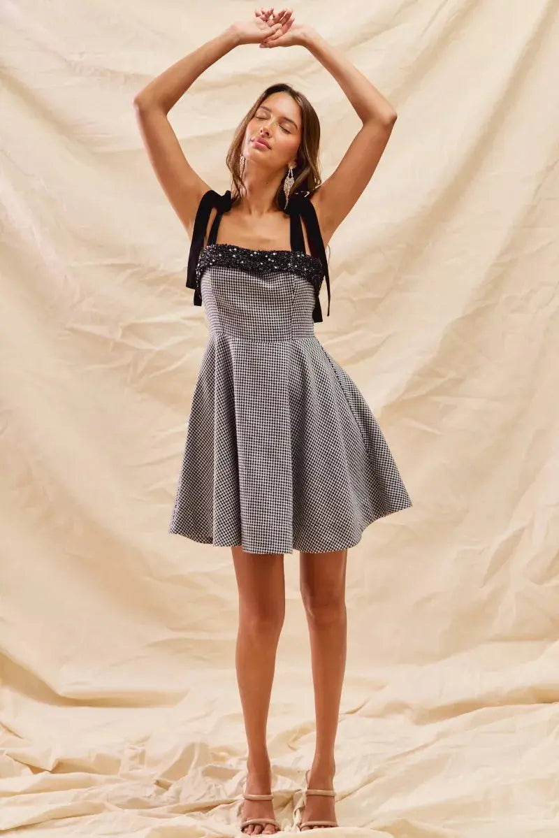 SO ME Houndstooth Fit Flare Mini Dress with Shoulder Tie  Style Ratio