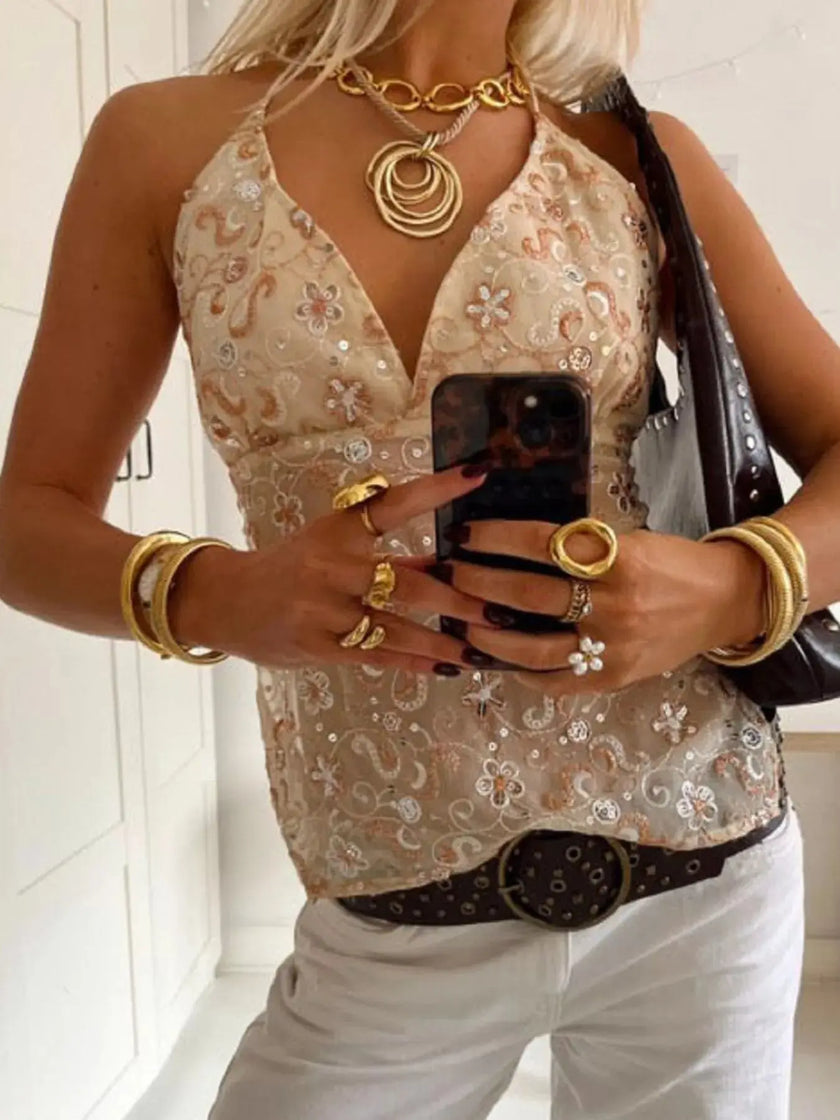 Sequin Embellished Halter Neck Cami  Style Ratio