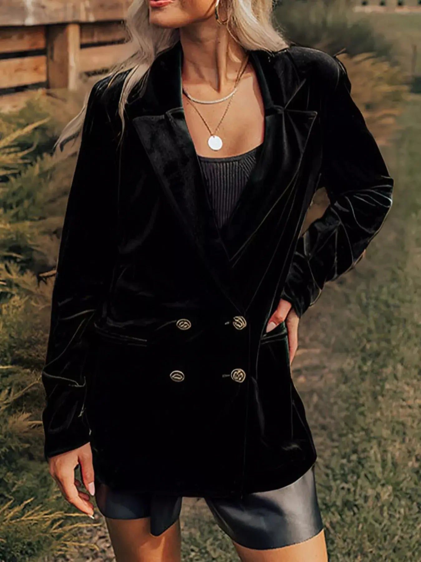 Velvet Lapel Collar Button Up Blazer  Style Ratio