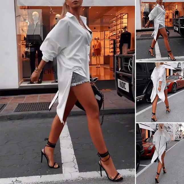 Extra Long Solid Color Long Sleeve Shirt  Style Ratio