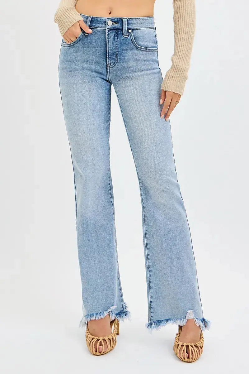 RISEN Full Size Tummy Control Mid Rise Flare Jeans with Fray Hem Detailed  Style Ratio