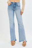 RISEN Full Size Tummy Control Mid Rise Flare Jeans with Fray Hem Detailed  Style Ratio