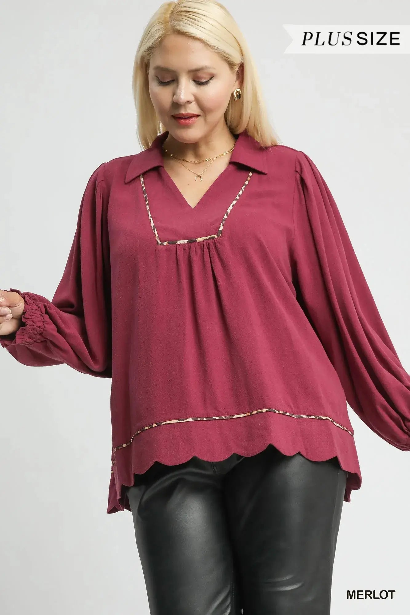Umgee Full Size Linen Scallop Hem Blouse with Contrast Trim  Style Ratio