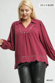 Umgee Full Size Linen Scallop Hem Blouse with Contrast Trim  Style Ratio