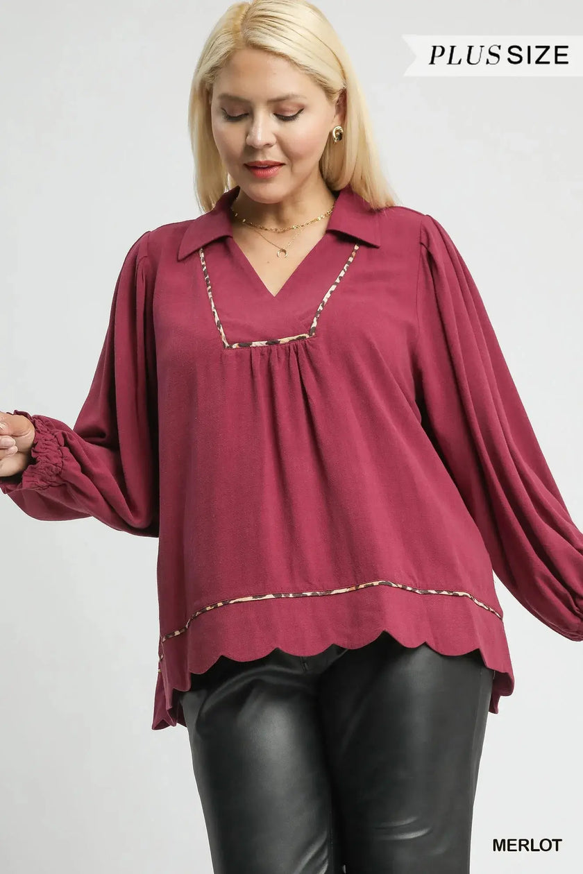 Umgee Full Size Linen Scallop Hem Blouse with Contrast Trim  Style Ratio