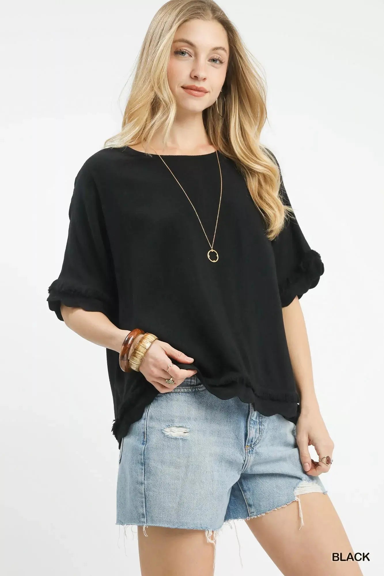 Umgee Linen Frayed Hem Scallop Edge Top  Style Ratio