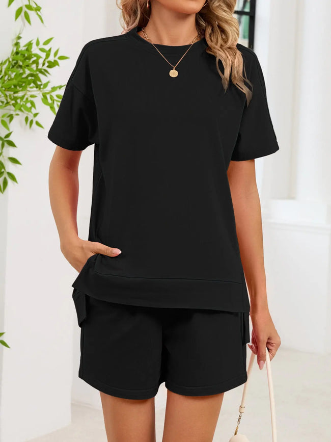 Round Neck Short Sleeve Shirt and Shorts Loungewear  Style Ratio