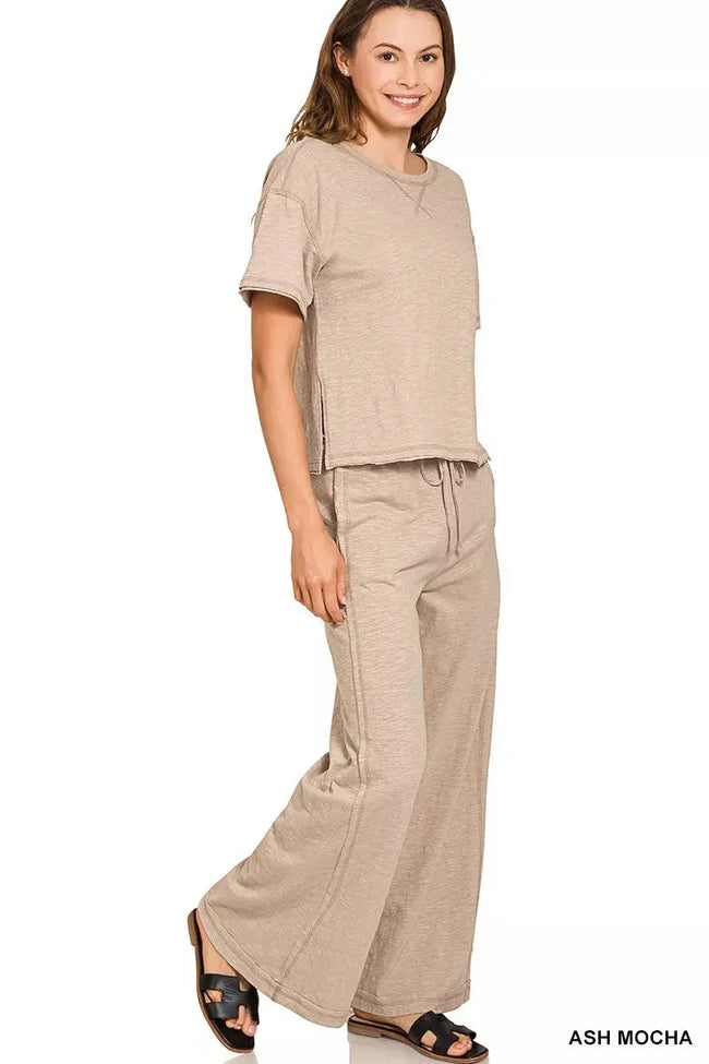 Zenana Cotton Slub Short Sleeve Tee and Pants Set  Style Ratio