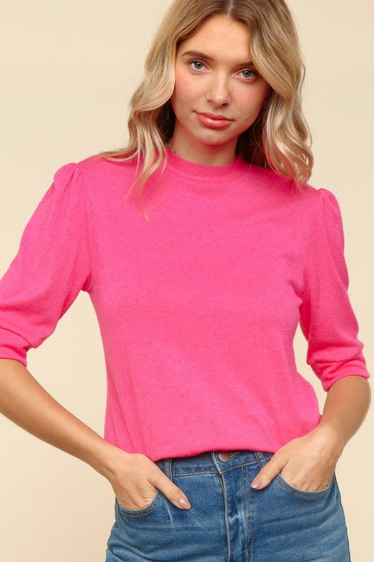 Tied Back Mock Neck Half Sleeve Knit Blouse