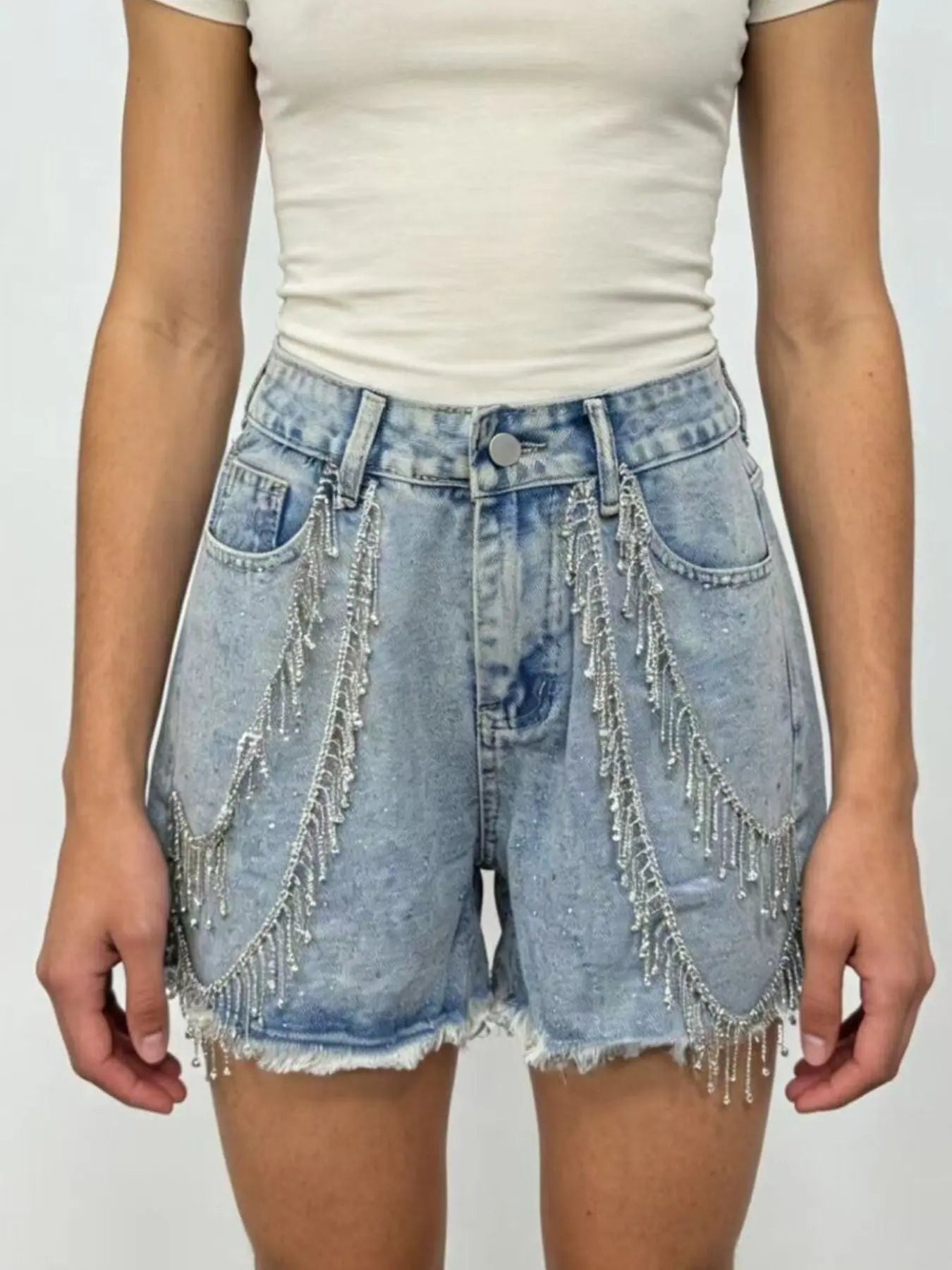 Rhinestone Chain Raw Hem Denim Shorts  Style Ratio