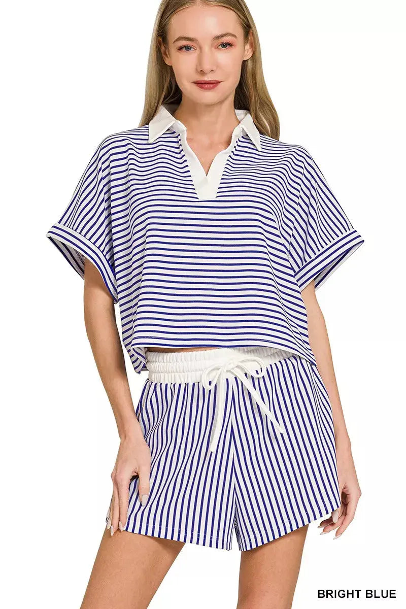 Zenana Striped Collared Top & Shorts Set  Style Ratio