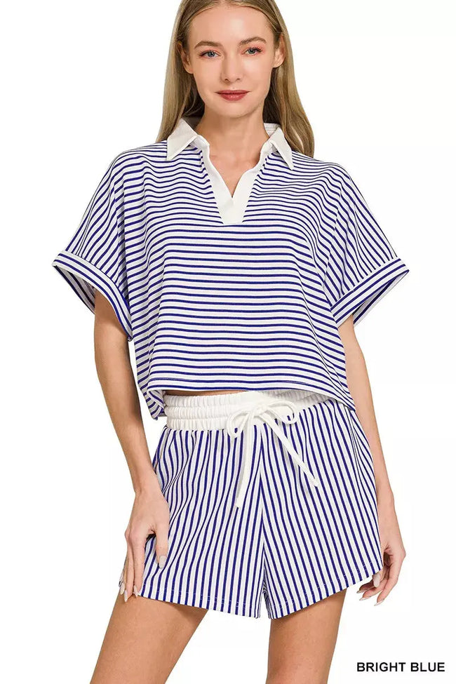 Zenana Striped Collared Top & Shorts Set  Style Ratio