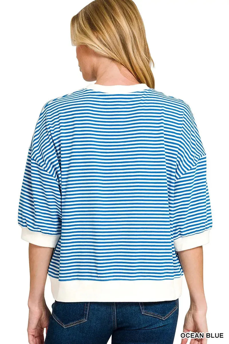 Zenana Striped Contrast Trim Banded Bottom Top  Style Ratio