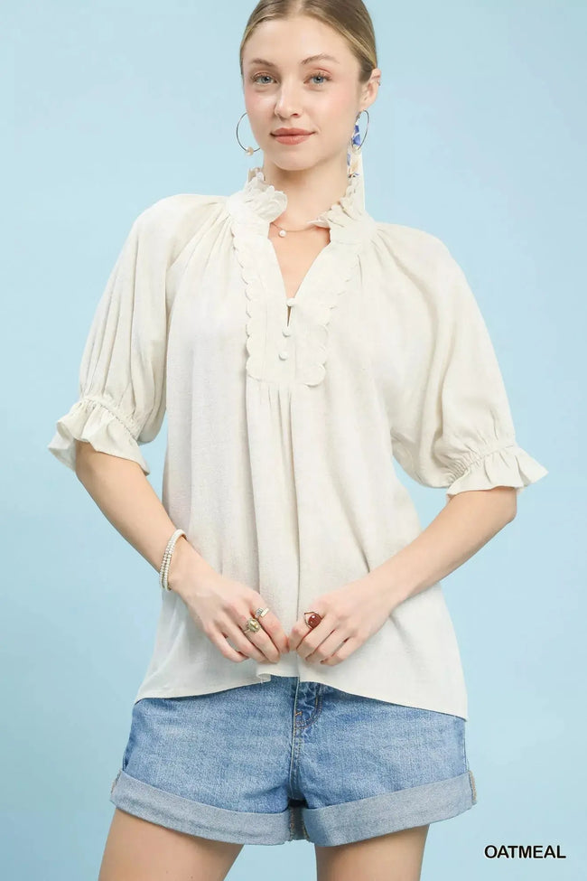 Umgee Linen Scalloped Ruffle Neck Blouse  Style Ratio