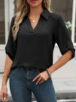 Johnny Collar Roll-Up Sleeve Blouse  Style Ratio