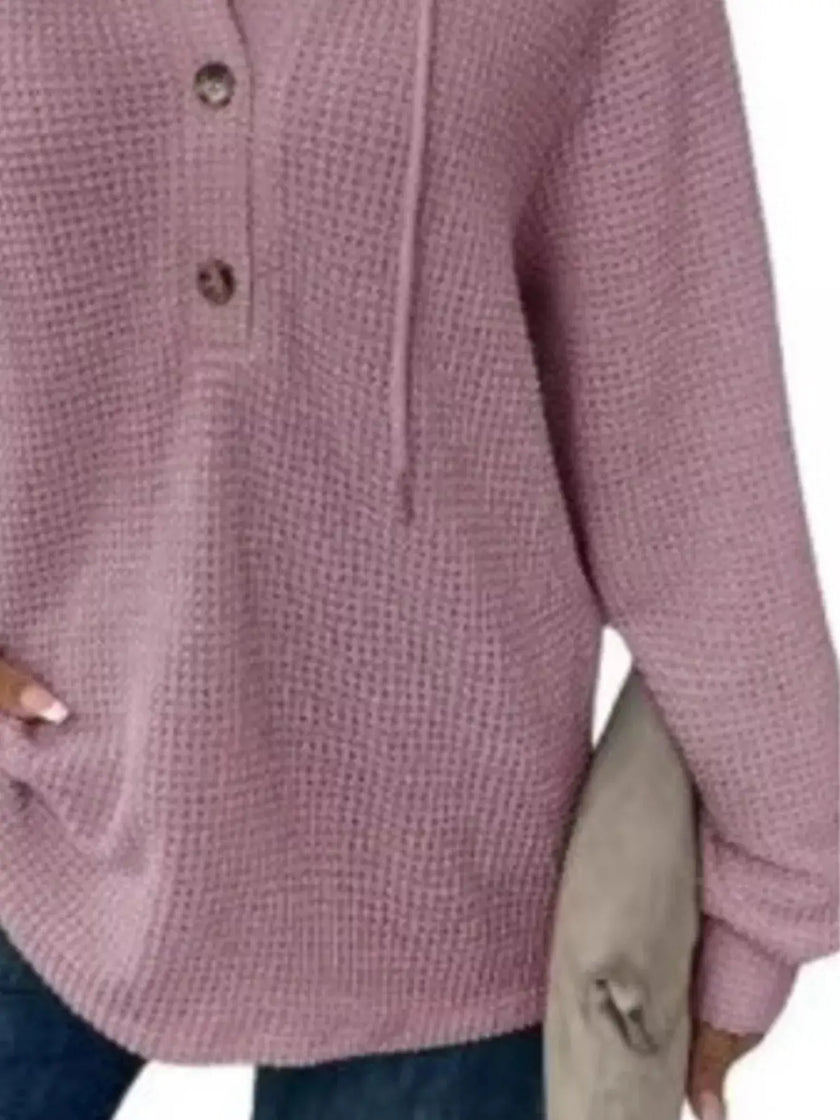Full Size Button Detail Waffle Knit Hoodie  Style Ratio