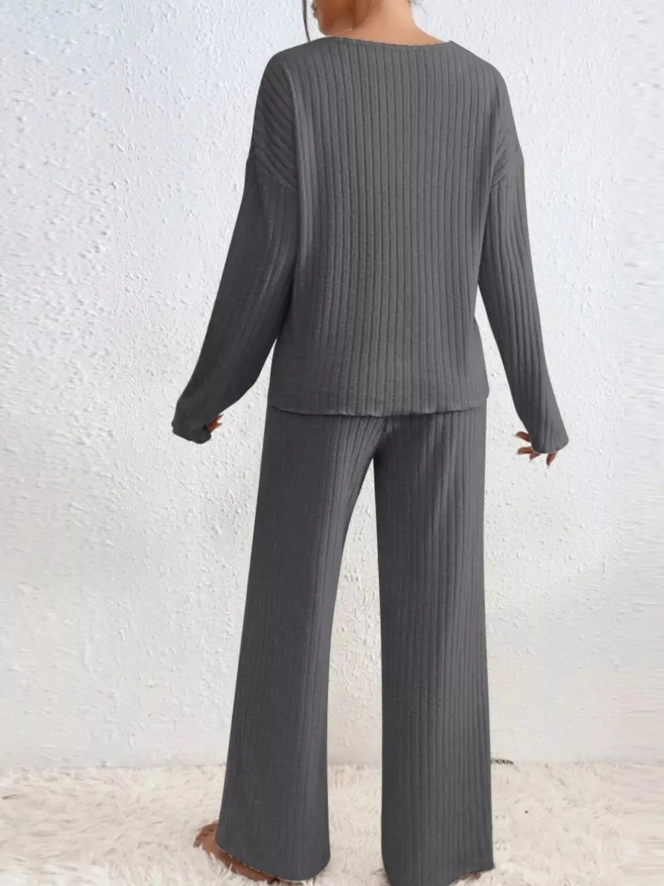 Ribbed V-Neck Top and Pants Loungewear  Style Ratio