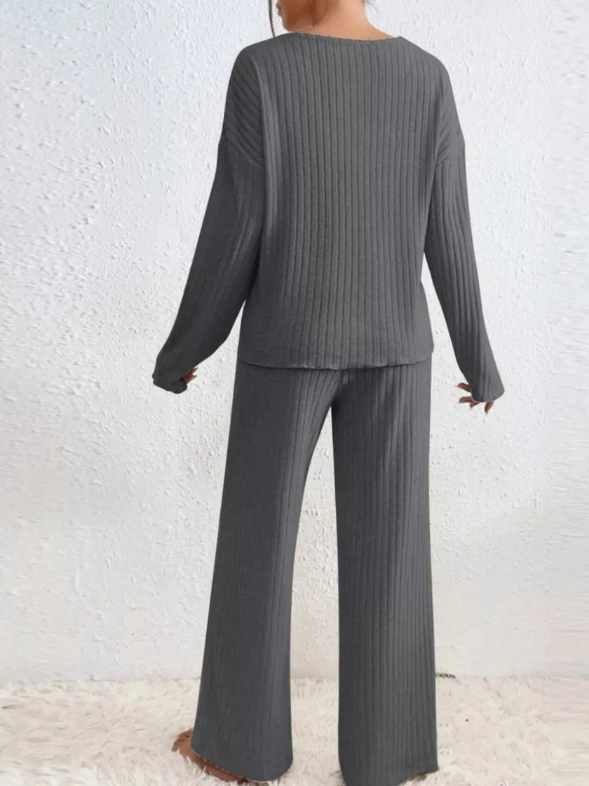 Ribbed V-Neck Top and Pants Loungewear  Style Ratio