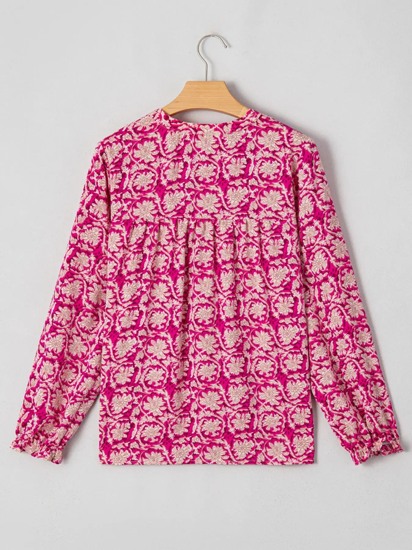 Floral Print Split Neck Pleated Long Sleeve Blouse  Style Ratio