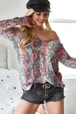 BiBi Snakeskin Print Low Gauge Hacci V Neck Long Sleeve Top  Style Ratio