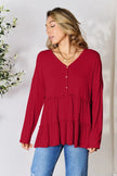 Double Take Half Button Long Sleeve Ruffle Hem Blouse  Style Ratio