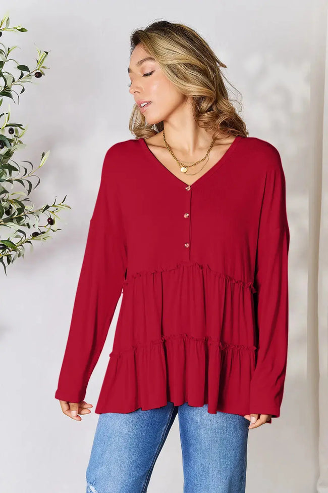 Double Take Half Button Long Sleeve Ruffle Hem Blouse  Style Ratio