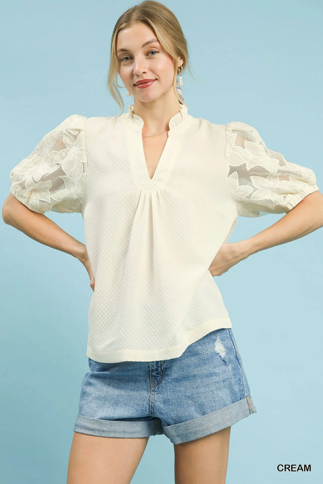 Umgee Textured Blouse with Lace Contrast Sleeves  Style Ratio