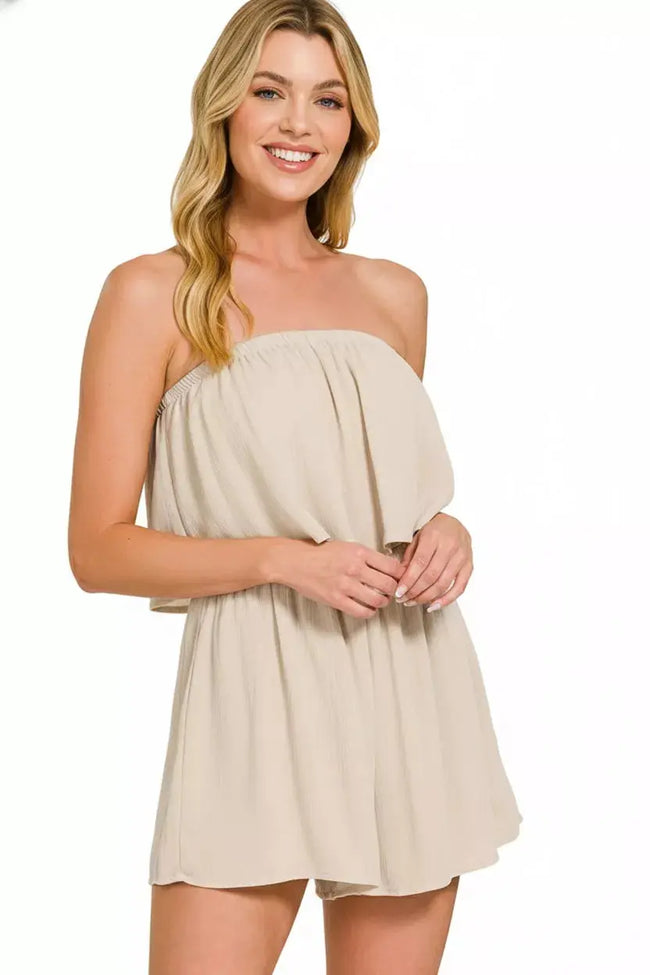 Zenana Woven Crinkle Strapless Rompers  Style Ratio
